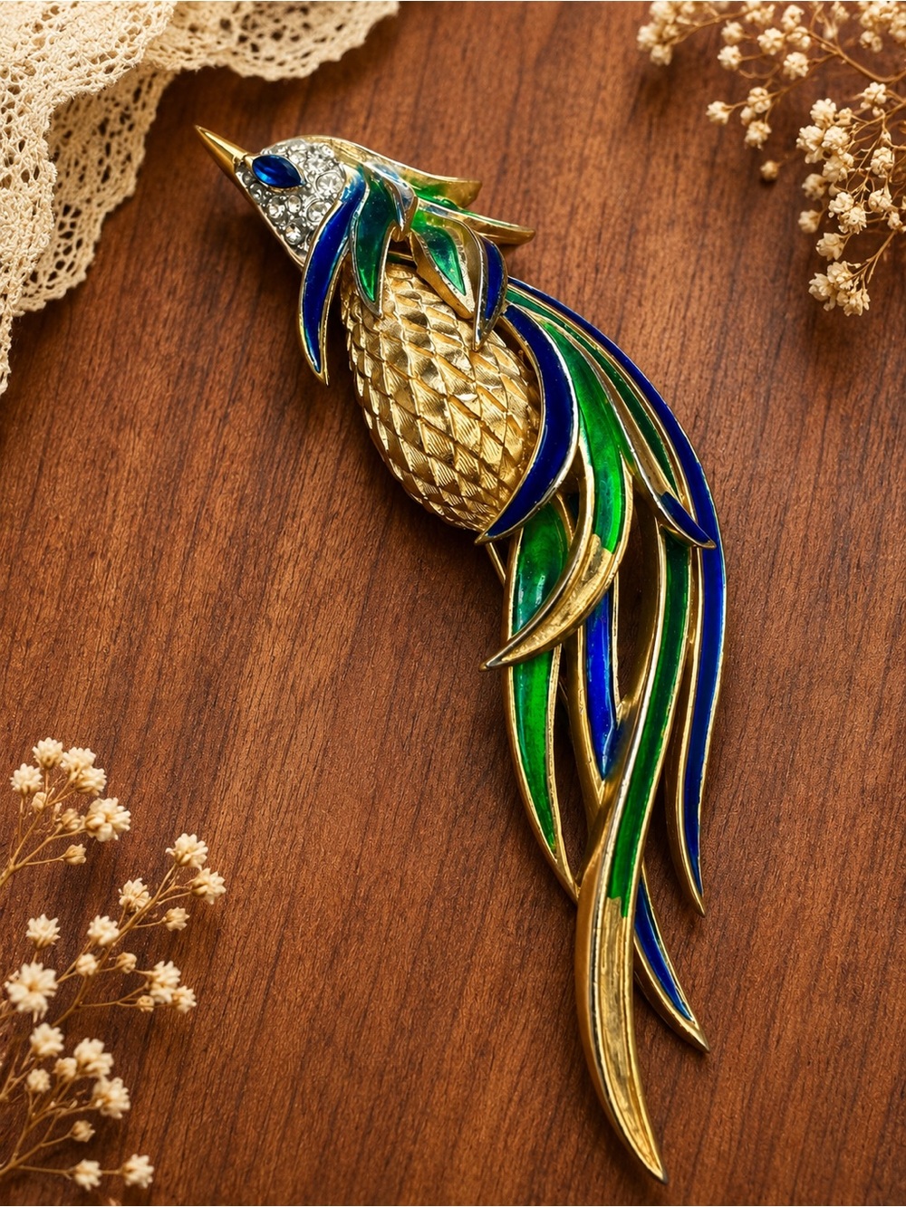 Rare Vintage Signed Crown TRIFARI Alfred Filippe Bird Of Paradise Brooch Pin 50s